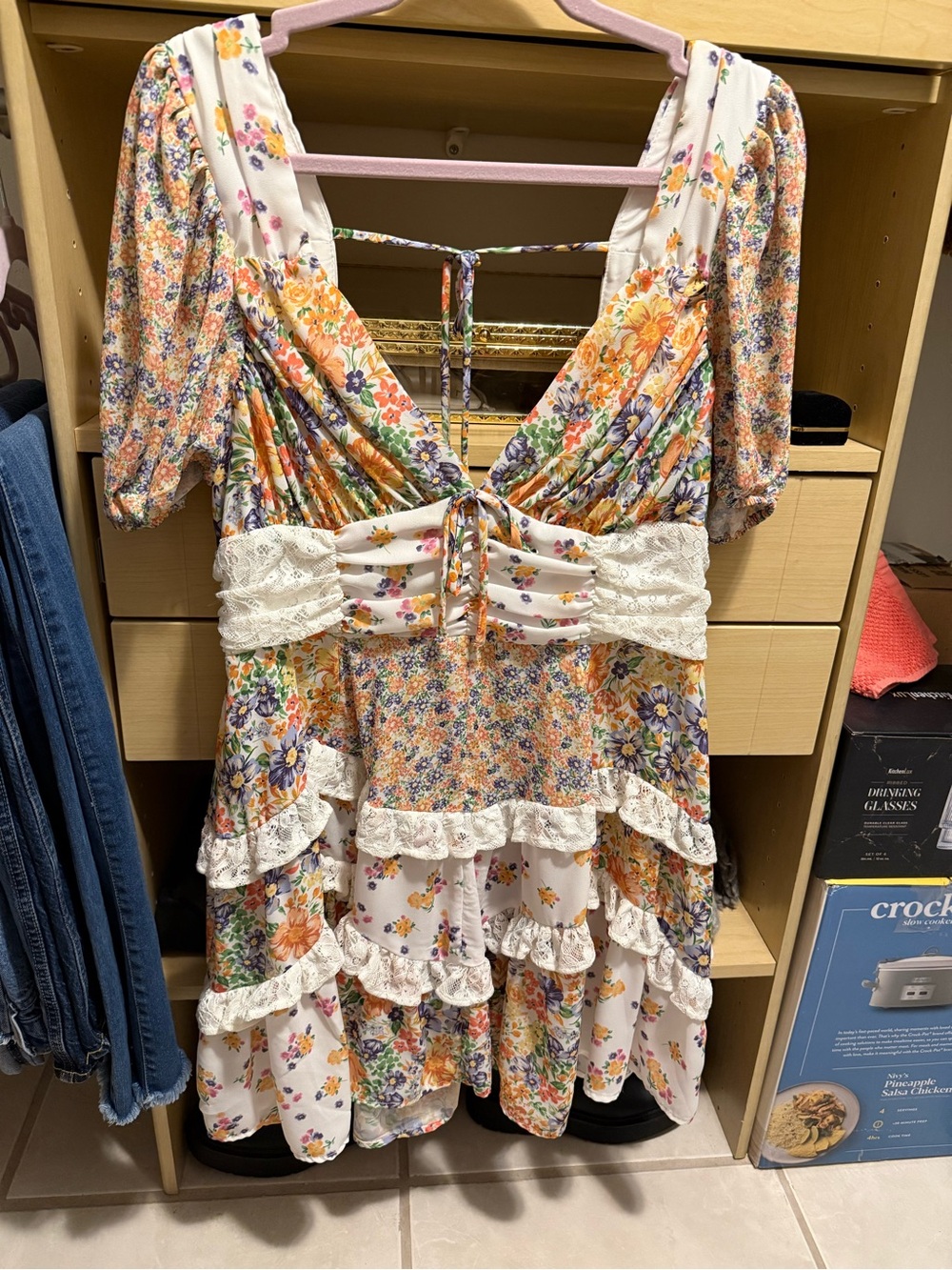 Altar'd State White Floral Mini Dress with Orange, Purple, Yellow Accents